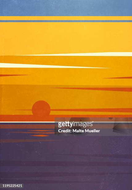 sun setting over tranquil ocean - sonnig stock-grafiken, -clipart, -cartoons und -symbole