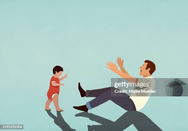 happy father cheering for baby son taking first steps - purity stock illustrations