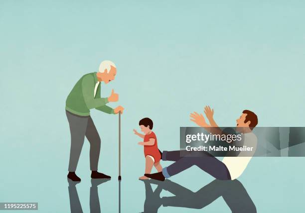 illustrazioni stock, clip art, cartoni animati e icone di tendenza di baby boy taking first steps from father to grandfather - nonno
