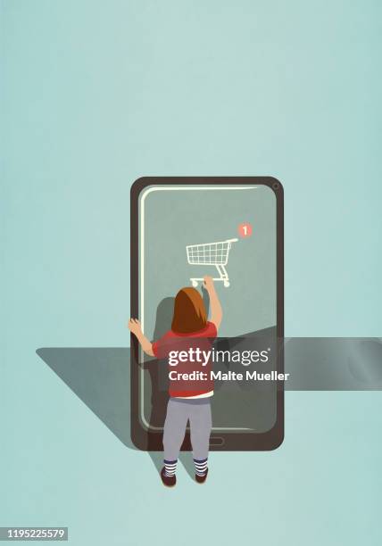 girl using online shopping app on large smart phone - ein mädchen allein stock-grafiken, -clipart, -cartoons und -symbole