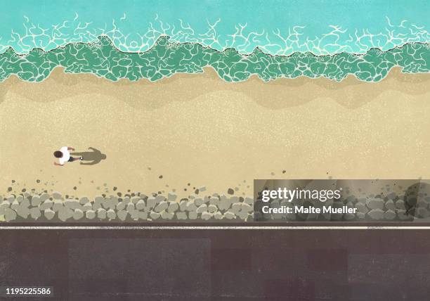 view from above man walking on sunny ocean beach - escapism stock-grafiken, -clipart, -cartoons und -symbole