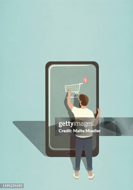 stockillustraties, clipart, cartoons en iconen met man online shopping with mobile app on large smart phone - one man only stock illustrations