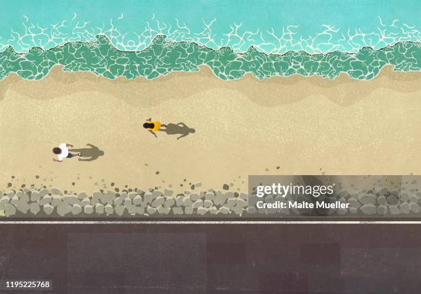 stockillustraties, clipart, cartoons en iconen met view from above couple walking on sunny ocean beach - girlfriend