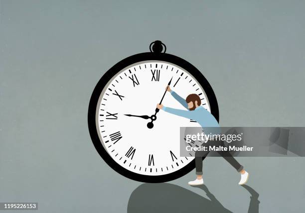 man pushing hands of large stopwatch - mann grauer hintergrund stock-grafiken, -clipart, -cartoons und -symbole