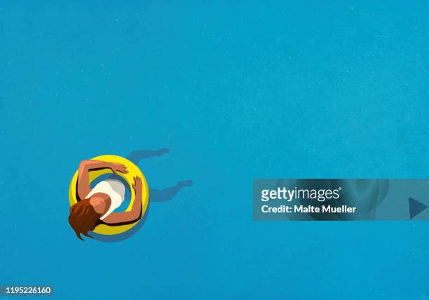 view from above woman in inflatable ring floating in swimming pool - holiday stock illustrations