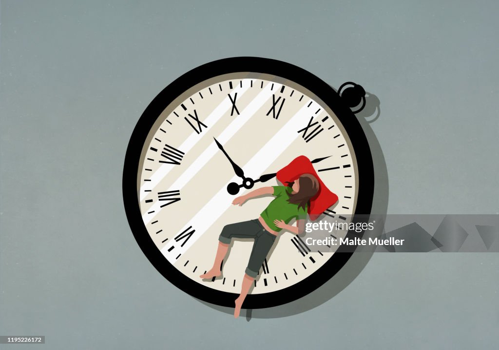 Woman sleeping on pocket watch