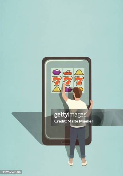 illustrations, cliparts, dessins animés et icônes de man playing slot machine game on large smart phone - jouer aux jeux de hasard