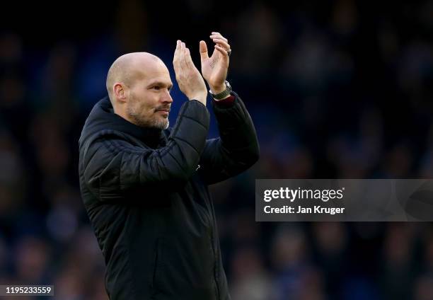 Interim Manager of Arsenal, Freddie Ljungberg acknowledges the fans after the Premier League match between Everton FC and Arsenal FC at Goodison Park...