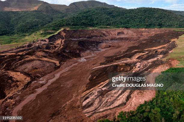 Aerial view after the collapse of a dam belonging to Brazil's giant mining company Vale, near the town of Brumadinho, in southeastern Brazil, on...