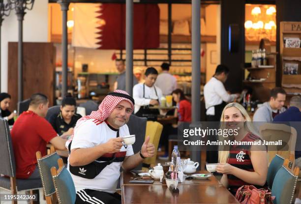 Flamengo drink tea ahead of the FIFA Club World Cup final match between CR Flamengo and Liverpool FC at Villaggio Mall on December 21, 2019 in Doha,...