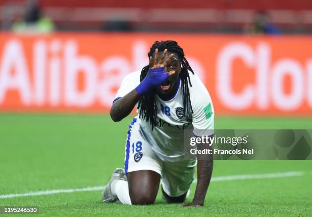 Bafetimbi Gomis of Al Hilal FC celebrates after scoring his sides second goal during the FIFA Club World Cup Qatar 2019 3rd place match between...