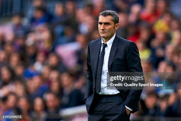 Ernesto Valverde, head coach of FC Barcelona during the Liga match between FC Barcelona and Deportivo Alaves at Camp Nou on December 21, 2019 in...