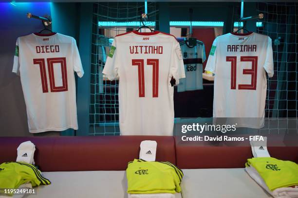 The shirts of Diego, Vitinho and Rafinha of CR Flamengo are displayed inside the CR Flamengo dressing room ahead of the FIFA Club World Cup Qatar...