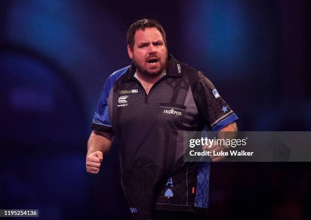 Adrian Lewis reacts during the round 2 match between Adrian Lewis and Christo Reyes on Day 9 of the 2020 William Hill World Darts Championship at...