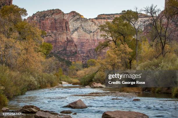 The Virgin River flows through the valley floor as viewed on November 9, 2019 in Zion National Park, Utah. Zion National Park, located 3 hours north...