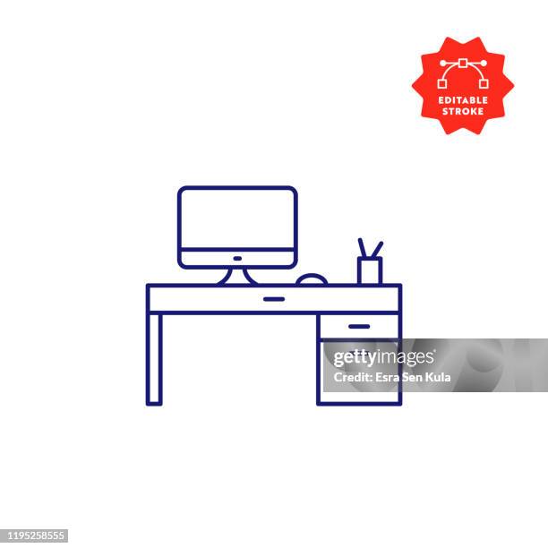 stockillustraties, clipart, cartoons en iconen met computer bureau lijn pictogram met bewerkbare lijn en pixel perfect. - office desk