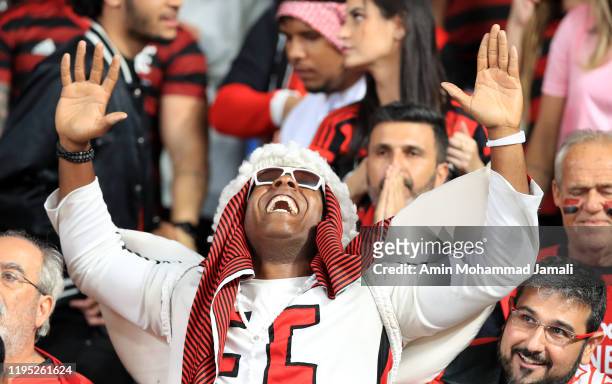Flamengo fans show their support during the FIFA Club World Cup final match between CR Flamengo and Liverpool FC at Khalifa International Stadium on...