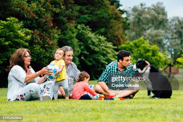 three generation family spending time together outdoors - latin american and hispanic ethnicity picnic stock pictures, royalty-free photos & images