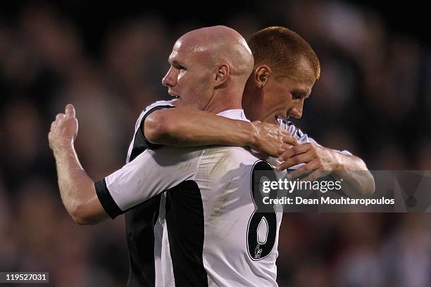 Andrew Johnson and Steve Sidwell of Fulham celebrate the goal scored by teammate Bobby Zamora during the UEFA Europa League 2nd Qualifying Round 2nd...