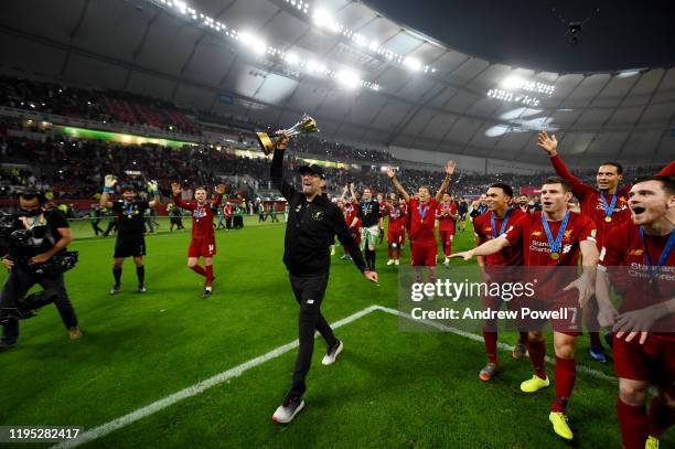 Jurgen Klopp manager of Liverpool lifting the FIFA Club World Cup at the end of the the FIFA Club World Cup final match between Liverpool FC and CR...