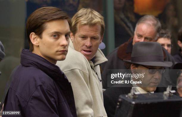 Tobey Maguire & Director Sam Raimi during Filming of "Spider-Man 2" on Location in Lower Manhattan at Lower Manhattan in New York City, New York,...