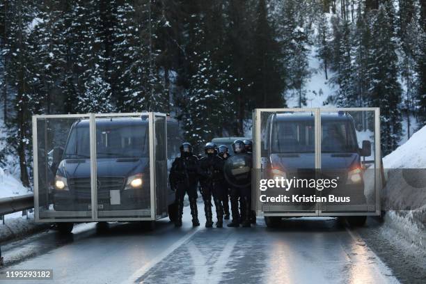 The third and last day of the Strike WEF march to Davos on 21st of January 2020 in Davos, Switzerland. The march is coming off the path to cross the...