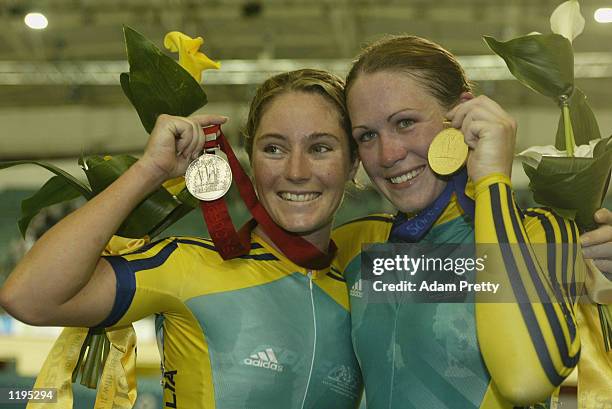 Rochelle Gilmore of Australia, Silver, and Katherine Bates of Australia, Gold, in the Women's 25 km Points Race Final, at the National Cycling Centre...