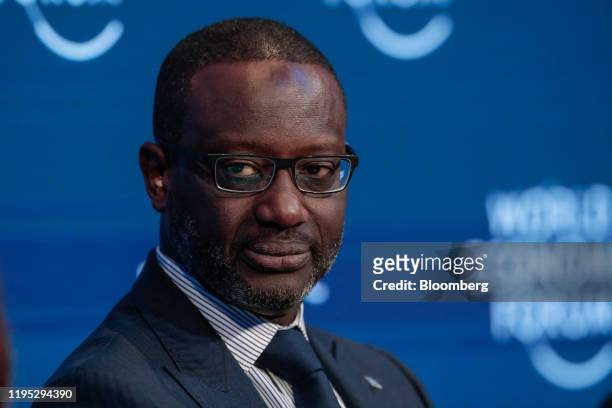 Tidjane Thiam, chief executive officer of Credit Suisse Group AG, pauses during a panel session on day two of the World Economic Forum in Davos,...