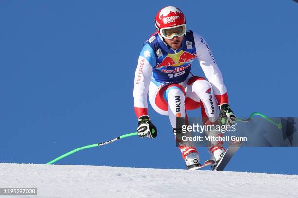 Carlo Janka of Switzerland jumping at the Hausbergkante during the Audi FIS Alpine Ski World Cup Downhill training on January 22 2020 in Kitzbuhel,...