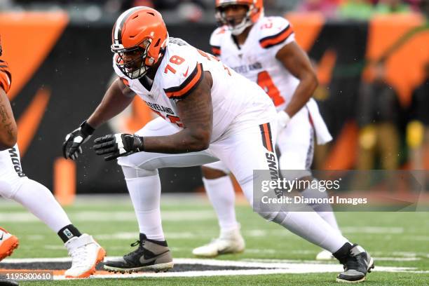 Offensive tackle Greg Robinson of the Cleveland Browns in action in the first quarter of a game against the Cincinnati Bengals on December 29, 2019...