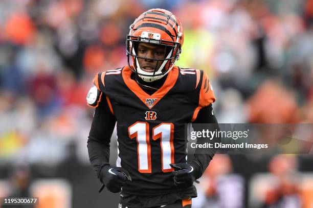 Wide receiver John Ross of the Cincinnati Bengals on the field in the first quarter of a game against the Cleveland Browns on December 29, 2019 at...