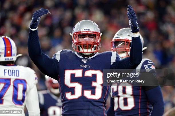 Kyle Van Noy of the New England Patriots celebrates during the first half against the Buffalo Bills in the game at Gillette Stadium on December 21,...