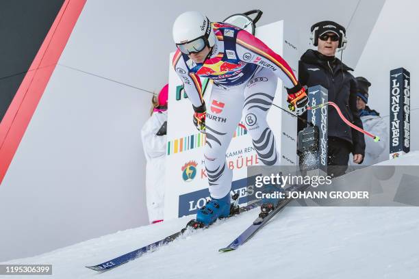 Romed Baumann of Germany takes the start of his first practice run for the men's downhill event at the FIS Alpine Ski World Cup in Kitzbuehel,...