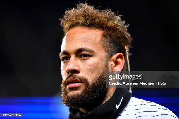 Neymar Jr of Paris Saint-Germain looks on during warmup before the Ligue 1 match between Paris Saint-Germain and Amiens SC at Parc des Princes on...