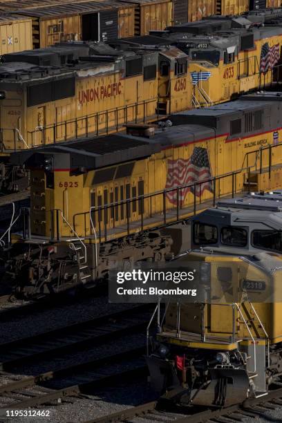 Union Pacific Corp. Locomotives and rail cars sit parked at a rail yard in Kansas City, Missouri, U.S., on Tuesday, Jan. 7, 2020. Union Pacific is...