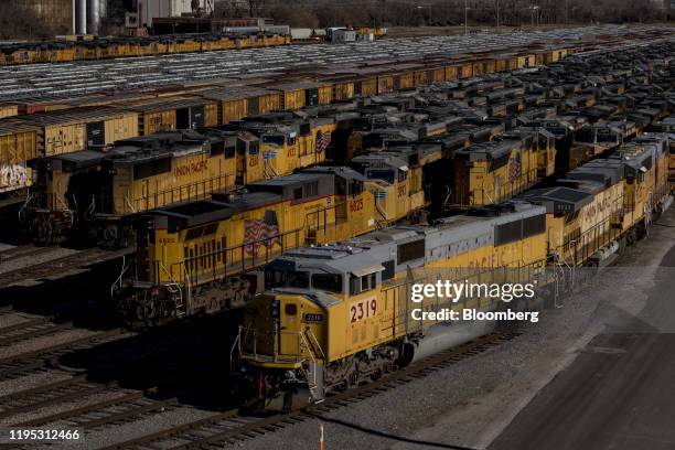 Union Pacific Corp. Locomotives and rail cars sit parked at a rail yard in Kansas City, Missouri, U.S., on Tuesday, Jan. 7, 2020. Union Pacific is...