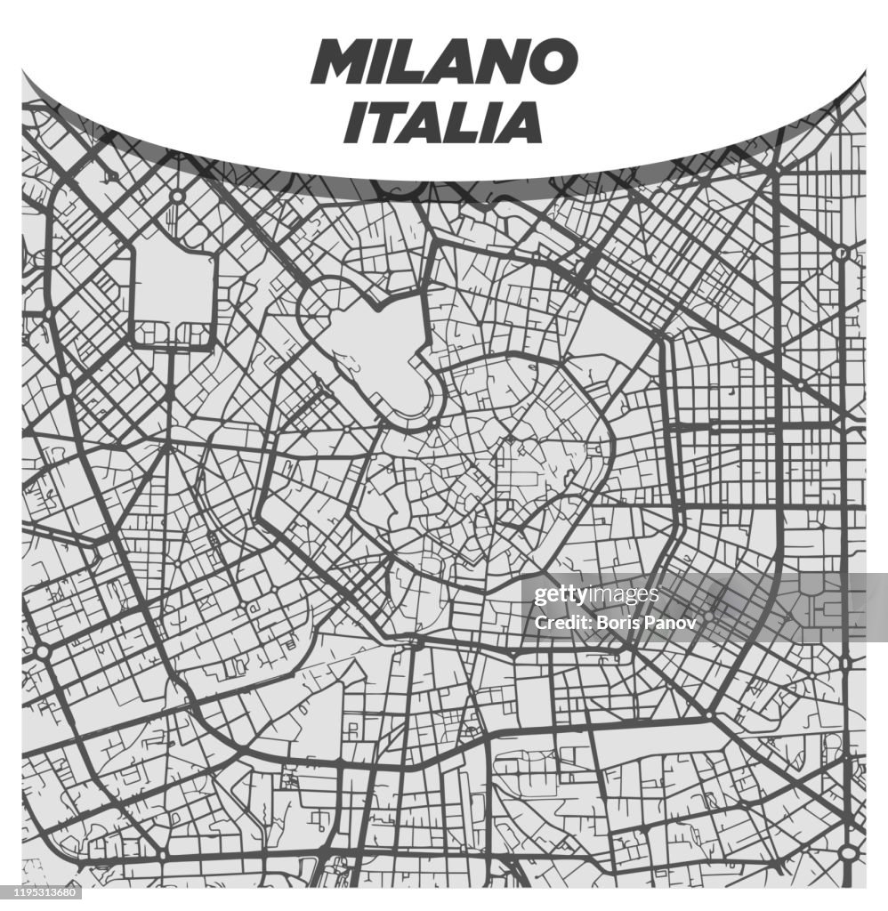 Modern Flat Black and White City Street karta över Milano, Italien