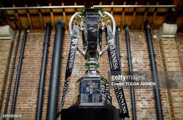 The Six Nations trophy is pictured during the 6 Nations Rugby Union launch event in east London on January 22, 2020.