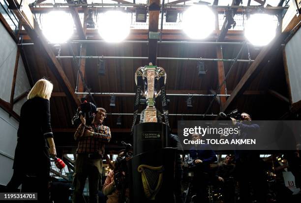 The Six Nations trophy is pictured during the 6 Nations Rugby Union launch event in east London on January 22, 2020.