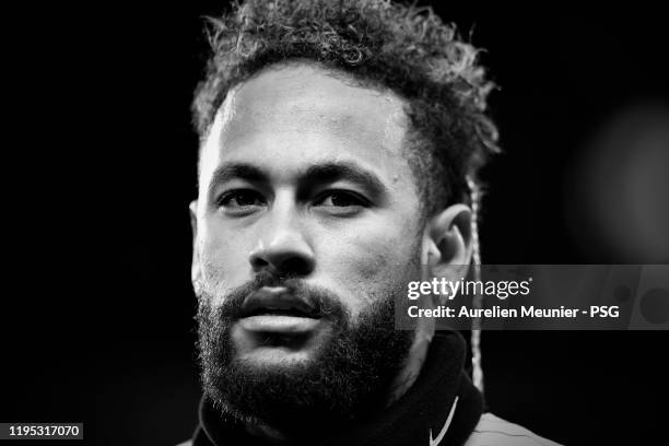 This image was converted to black and white) Neymar Jr of Paris Saint-Germain looks on during warmup before the Ligue 1 match between Paris...
