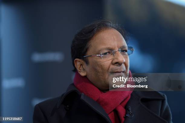 Ajay Singh, chairman and co-founder of Spicejet Ltd., listens during a Bloomberg Television interview on day two of the World Economic Forum in...