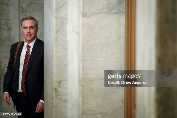 Pat Cipollone, White House counsel, waits for an elevator as he arrives at the U.S. Capitol on January 22, 2020 in Washington, DC. The Senate...