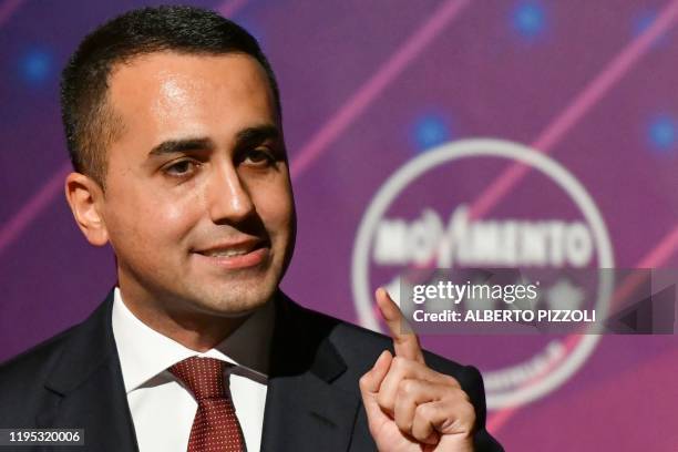 Italy's Foreign Minister and outgoing head of Italy's anti-establishment Five Star Movement , Luigi Di Maio delivers a speech during a party meeting...