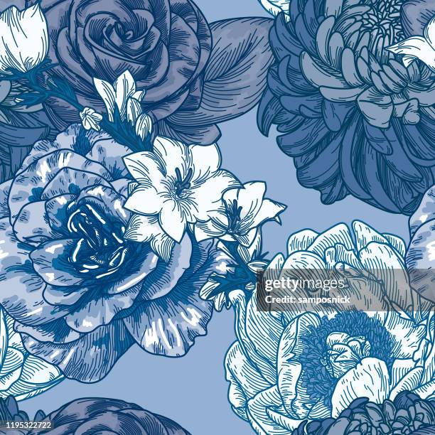 ilustraciones, imágenes clip art, dibujos animados e iconos de stock de big bloom vintage line art seamless floral pattern - porcelana china