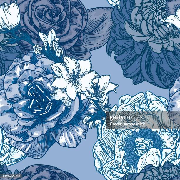 big bloom vintage line art seamless floral pattern - stamen stock illustrations