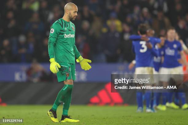 Dejected Darren Randolph of West Ham United after Ayoze Perez of Leicester City scores a goal to make it 4-1 during the Premier League match between...