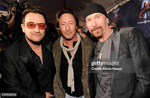Julian Lennon and Bono and The Edge of U2 attend "Spider-Man Turn Off The Dark" Broadway opening night at Foxwoods Theatre on June 14, 2011 in New...