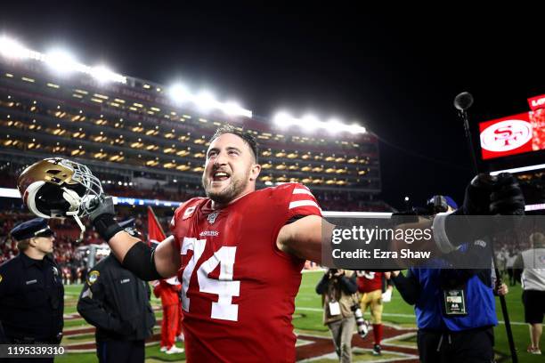 Offensive tackle Joe Staley of the San Francisco 49ers celebrates the 34-31 win over the Los Angeles Rams at Levi's Stadium on December 21, 2019 in...