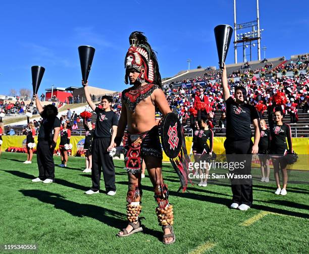 The San Diego State Aztecs mascot Aztec Warrior stands on the sideline during the team's game against the Central Michigan Chippewas the New Mexico...