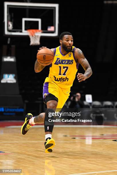 Long Island, NY Jordan Caroline of the South Bay Lakers handles the ball during an NBA G-League game against the Long Island Nets on January 22, 2020...